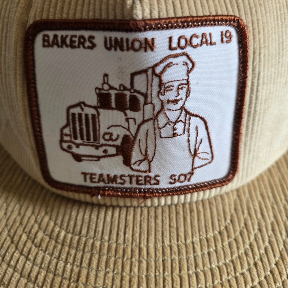 Vintage Bakers Union Local 19 Teamsters 507 Corduroy Trucker Hat Tan Made in USA - Picture 2 of 6
